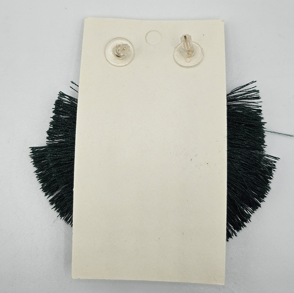 Green and Black Fan-Shaped Earrings with Fringe - Picture 2 of 2